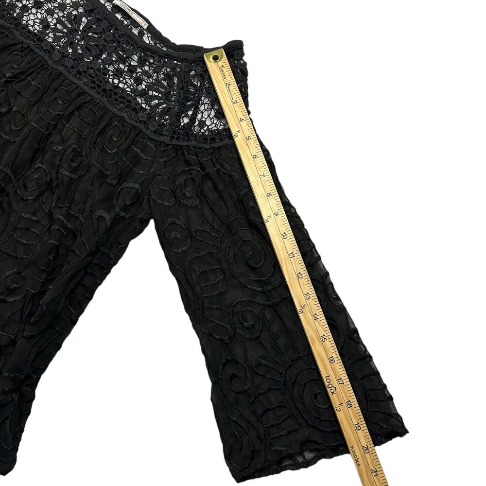 Language Womens Embroidered Tunic Top Lace Yoke 3/4 Sleeve Silk Blend Black Sz S - Picture 11 of 14
